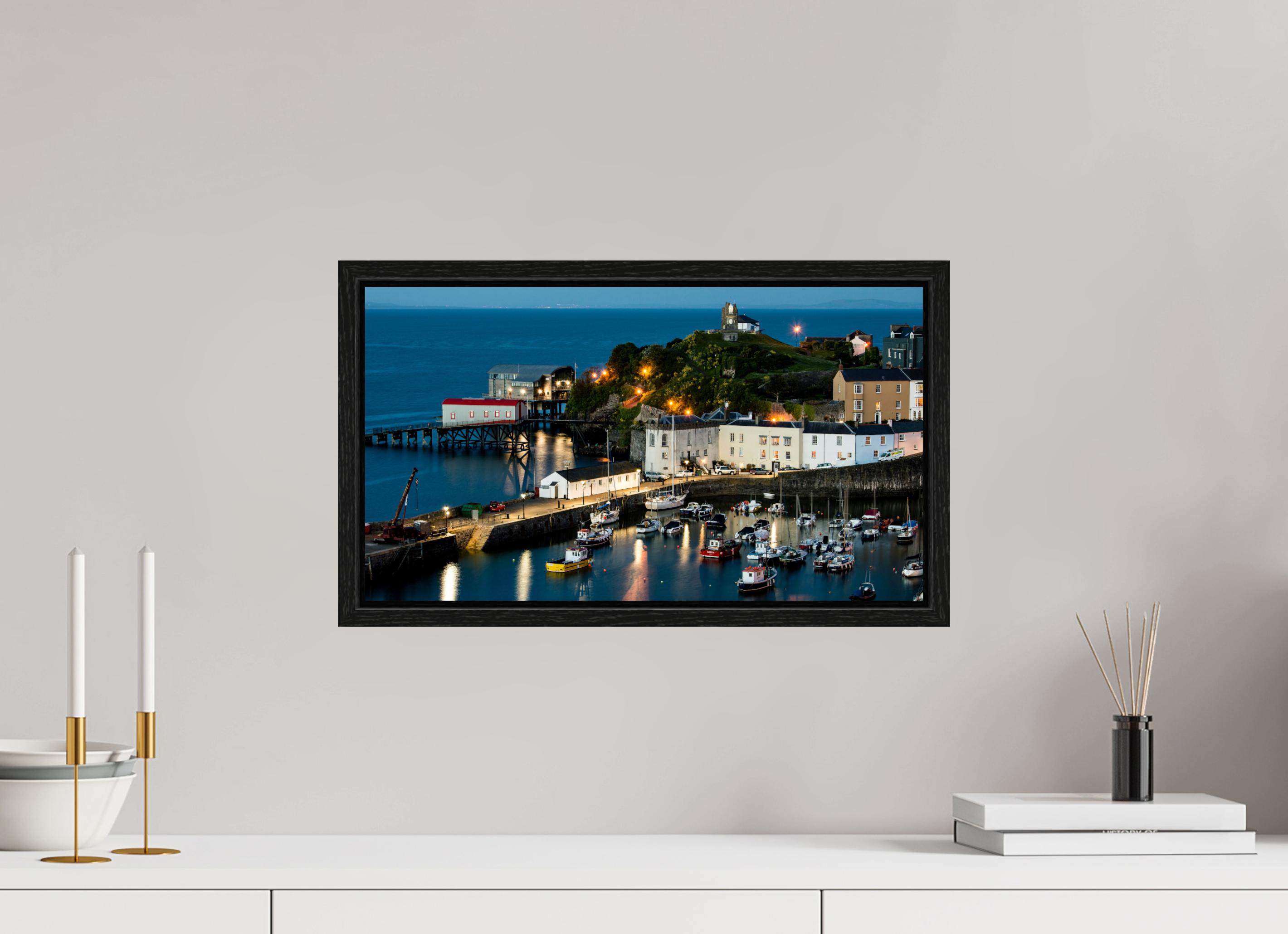 48 x 27 cm, Floater Frame Tenby Harbour at Night