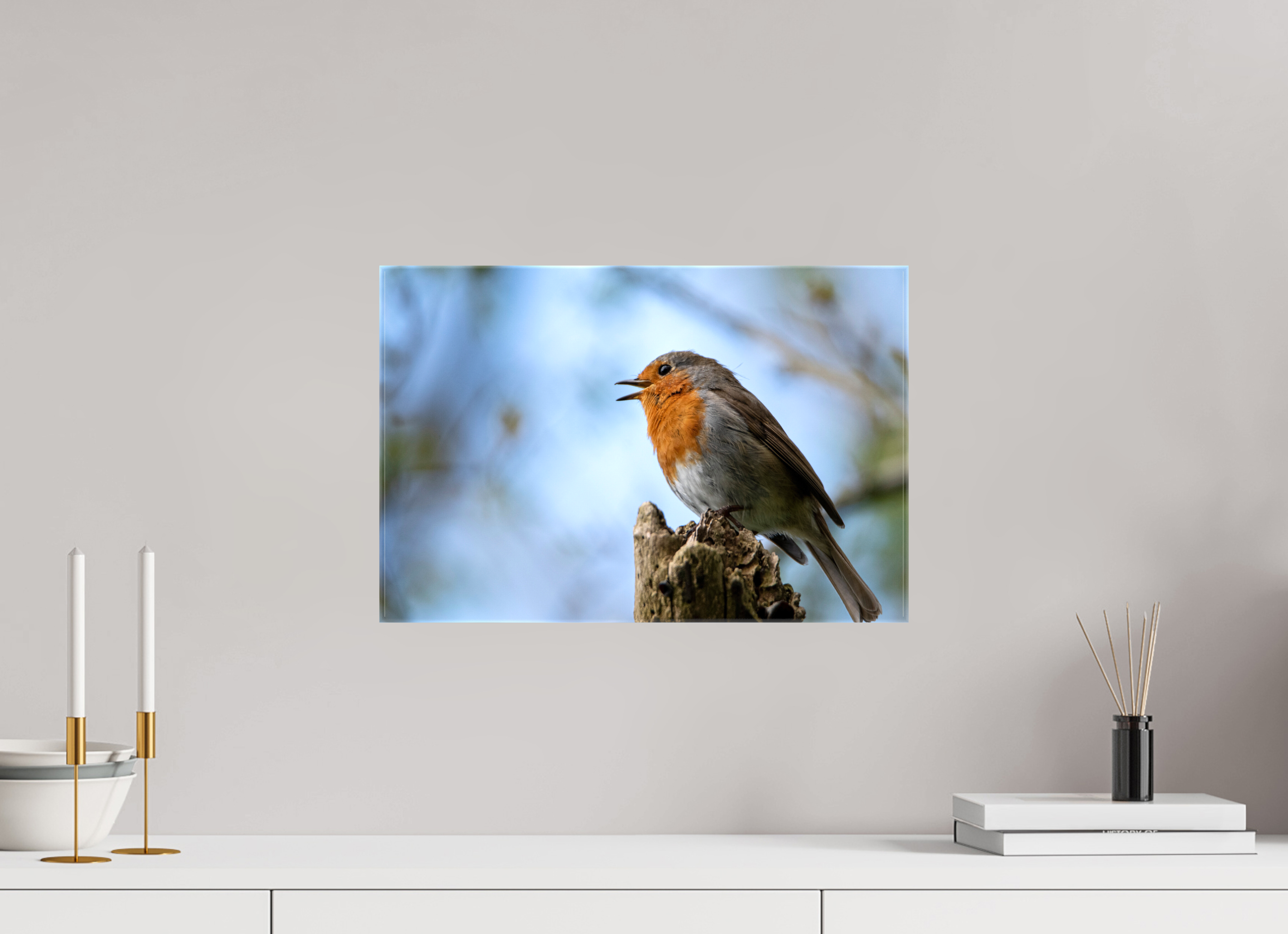 45 x 30 cm, Glossy Canvas On Stretcher Frame Singing Robin