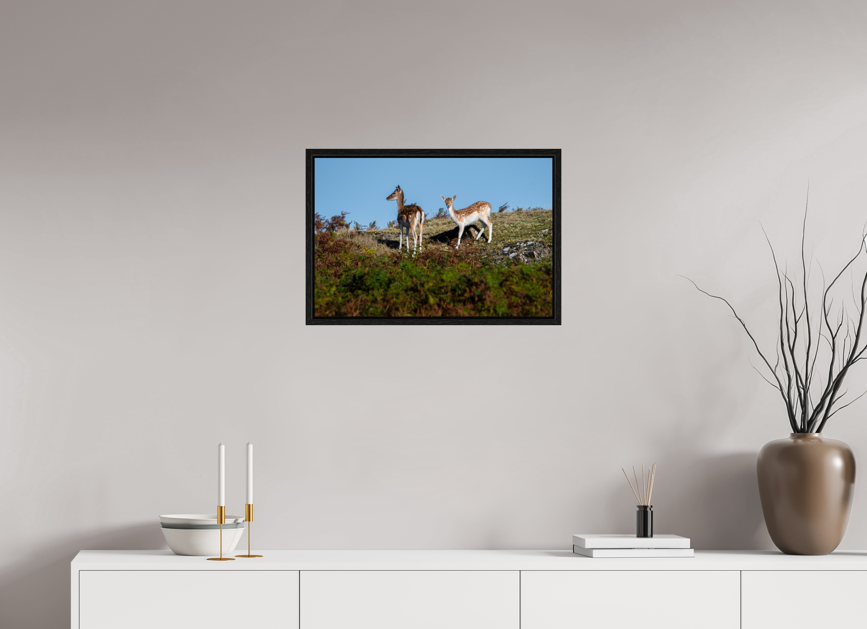 60 x 40 cm, Floater Frame Fallow Deer on Hillside