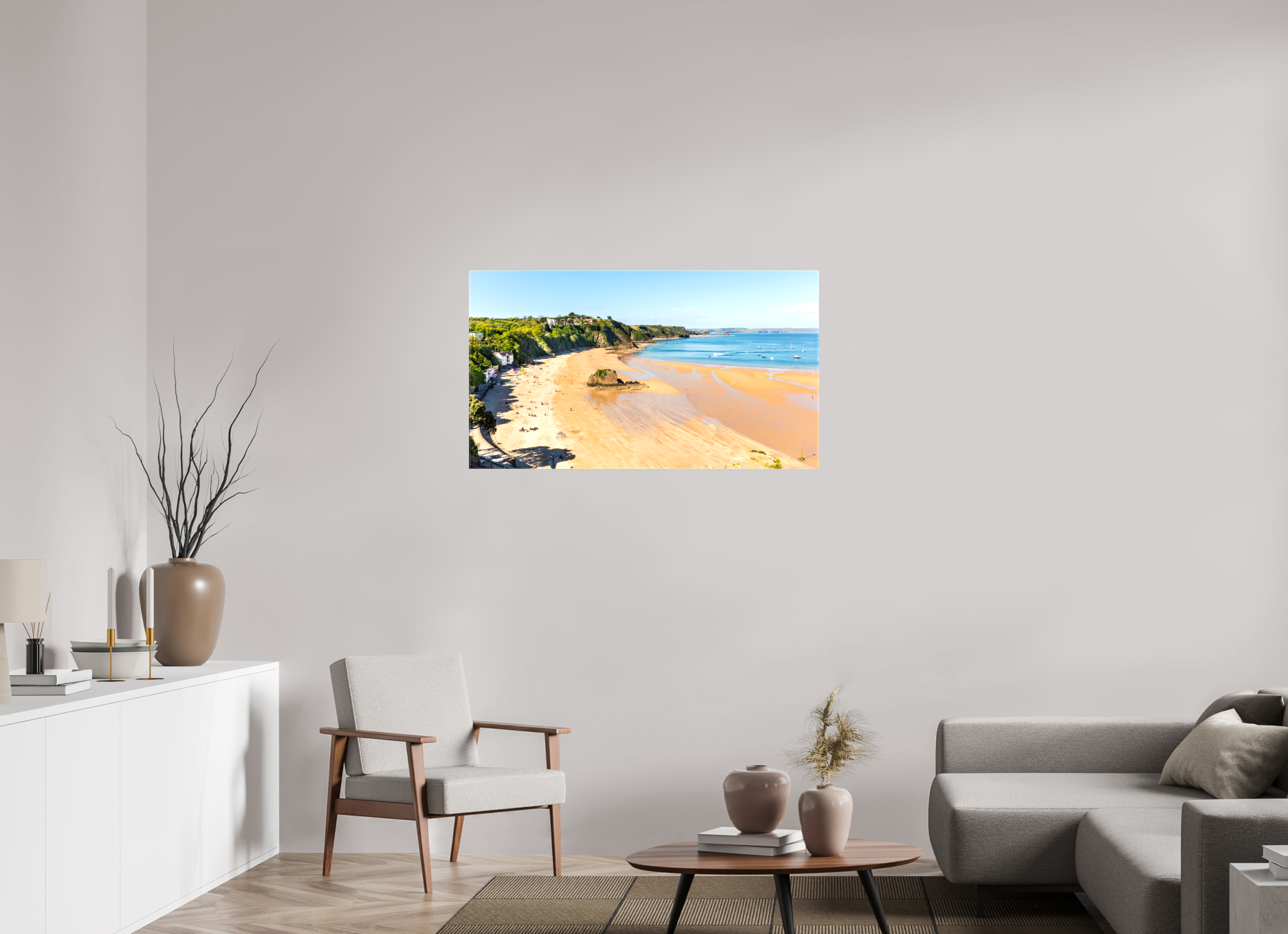 112 x 63 cm, Glossy Canvas On Stretcher Frame Tenby Beach