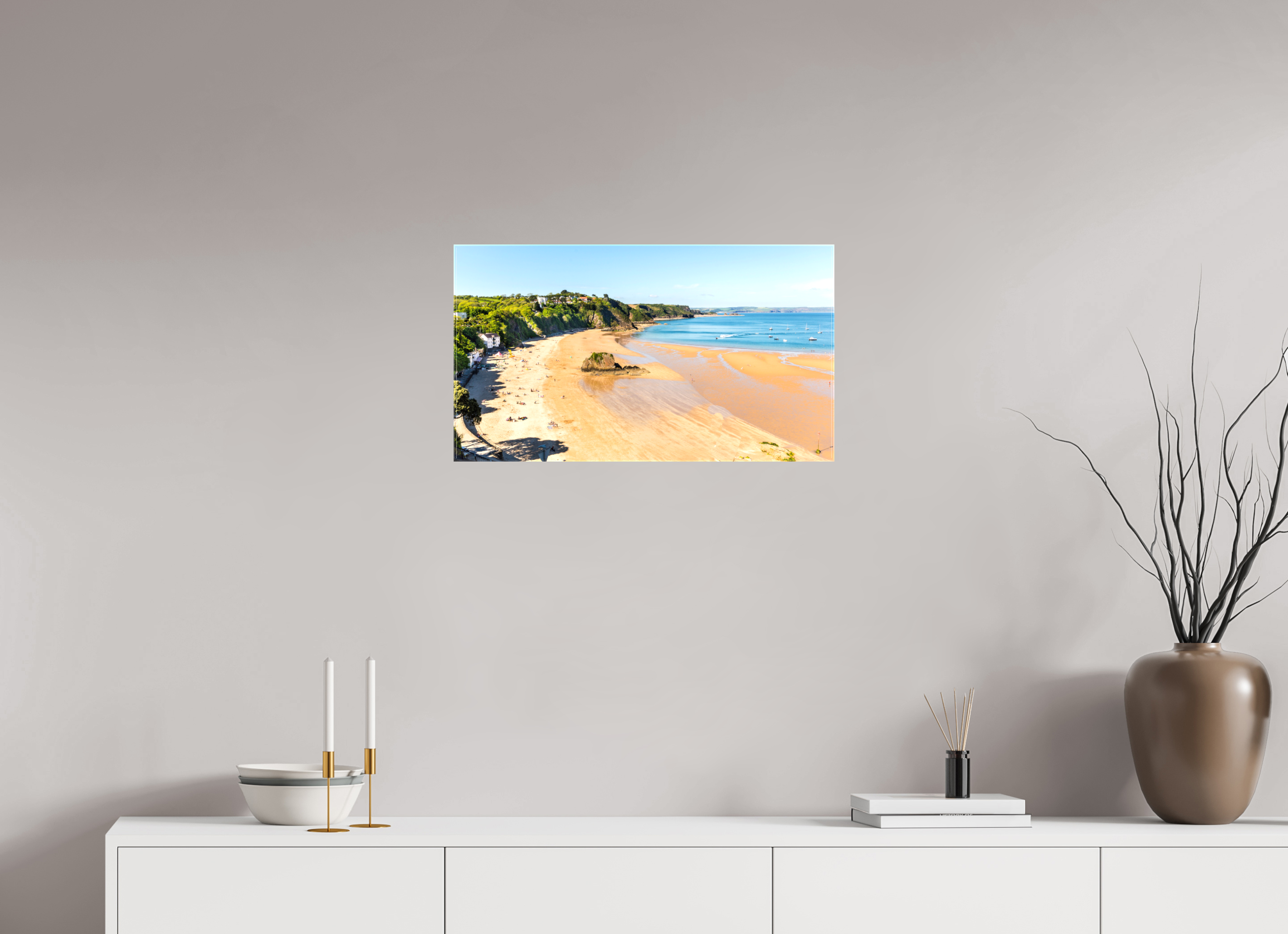 64 x 36 cm, Glossy Canvas On Stretcher Frame Tenby Beach