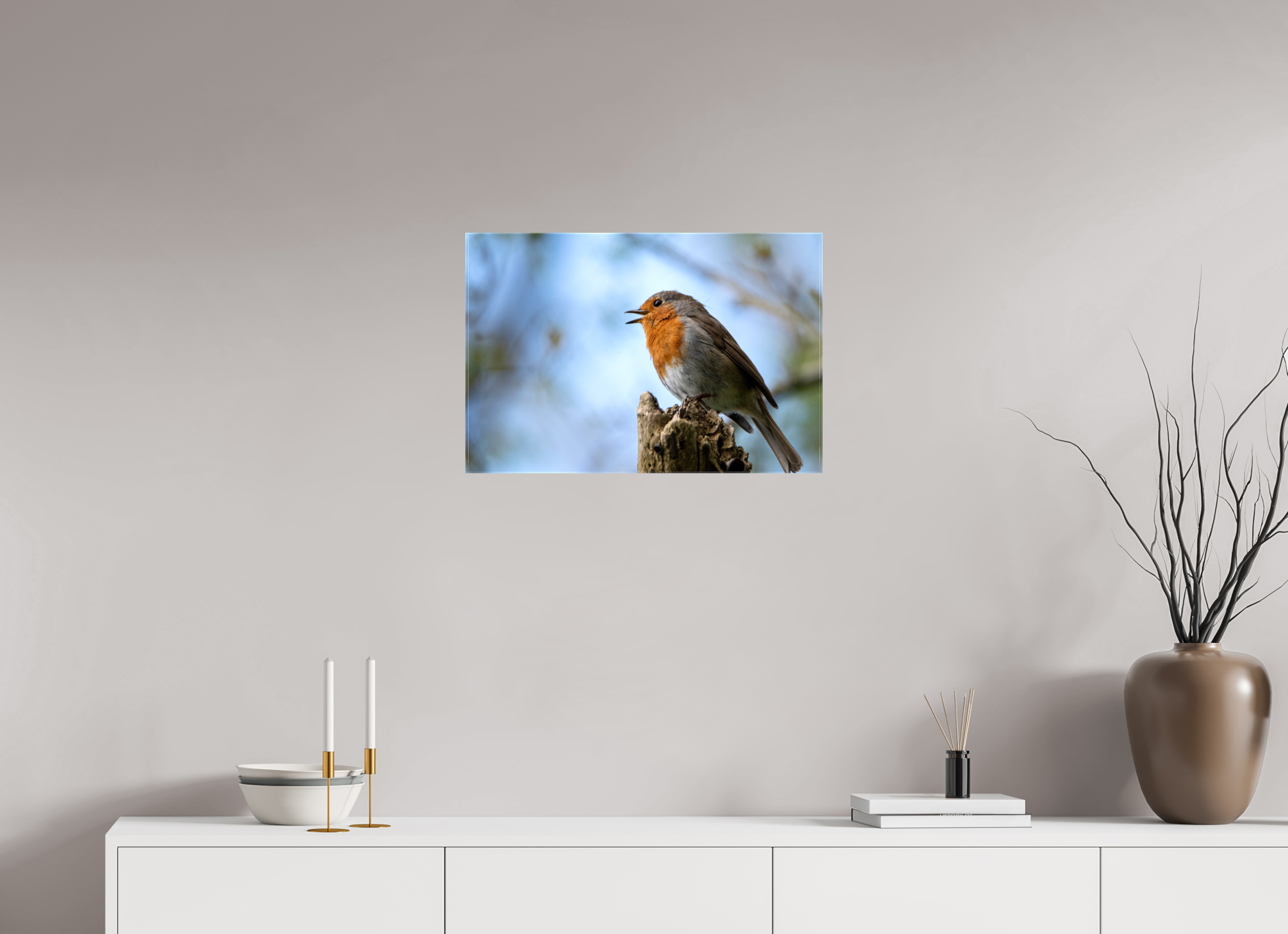 60 x 40 cm, Glossy Canvas On Stretcher Frame Singing Robin