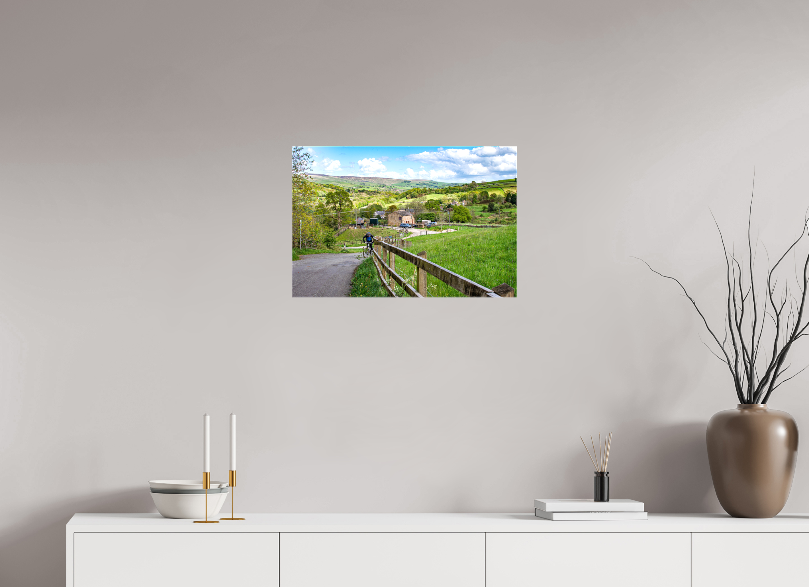 60 x 40 cm, Glossy Canvas On Stretcher Frame Cycling Uphill towards Bugsworth Basin