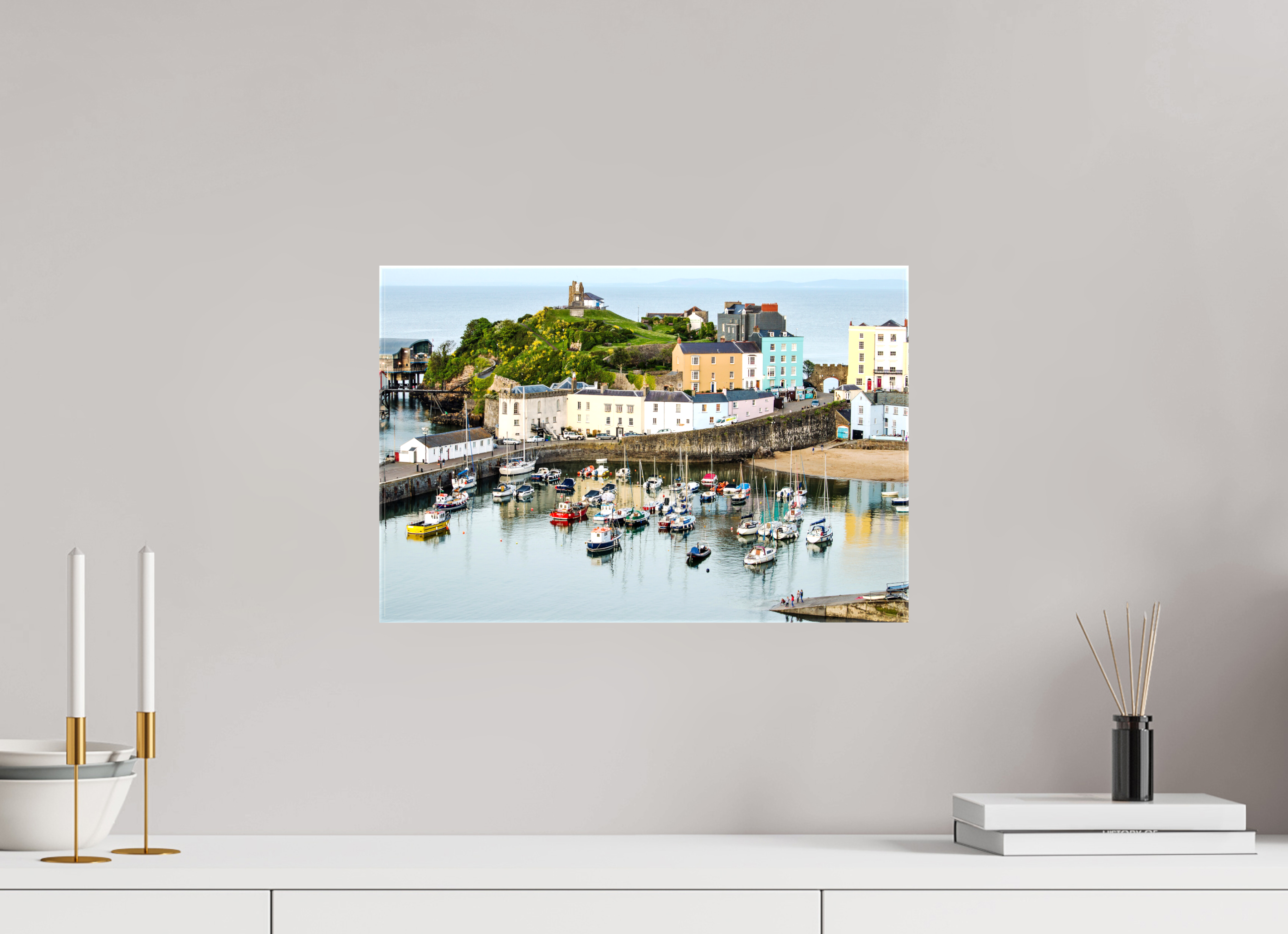 45 x 30 cm, Glossy Canvas On Stretcher Frame Tenby Harbour