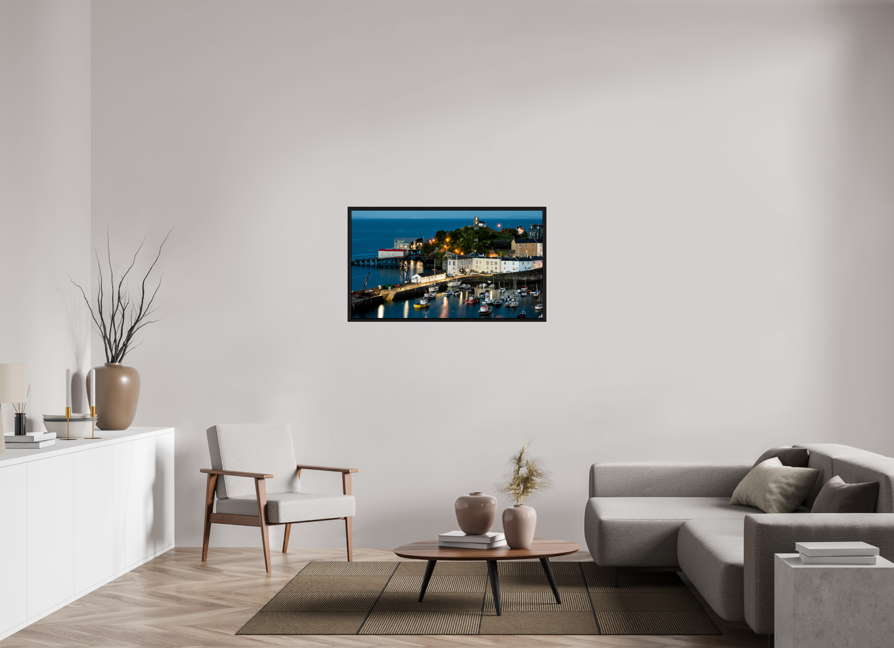 112 x 63 cm, Floater Frame Tenby Harbour at Night