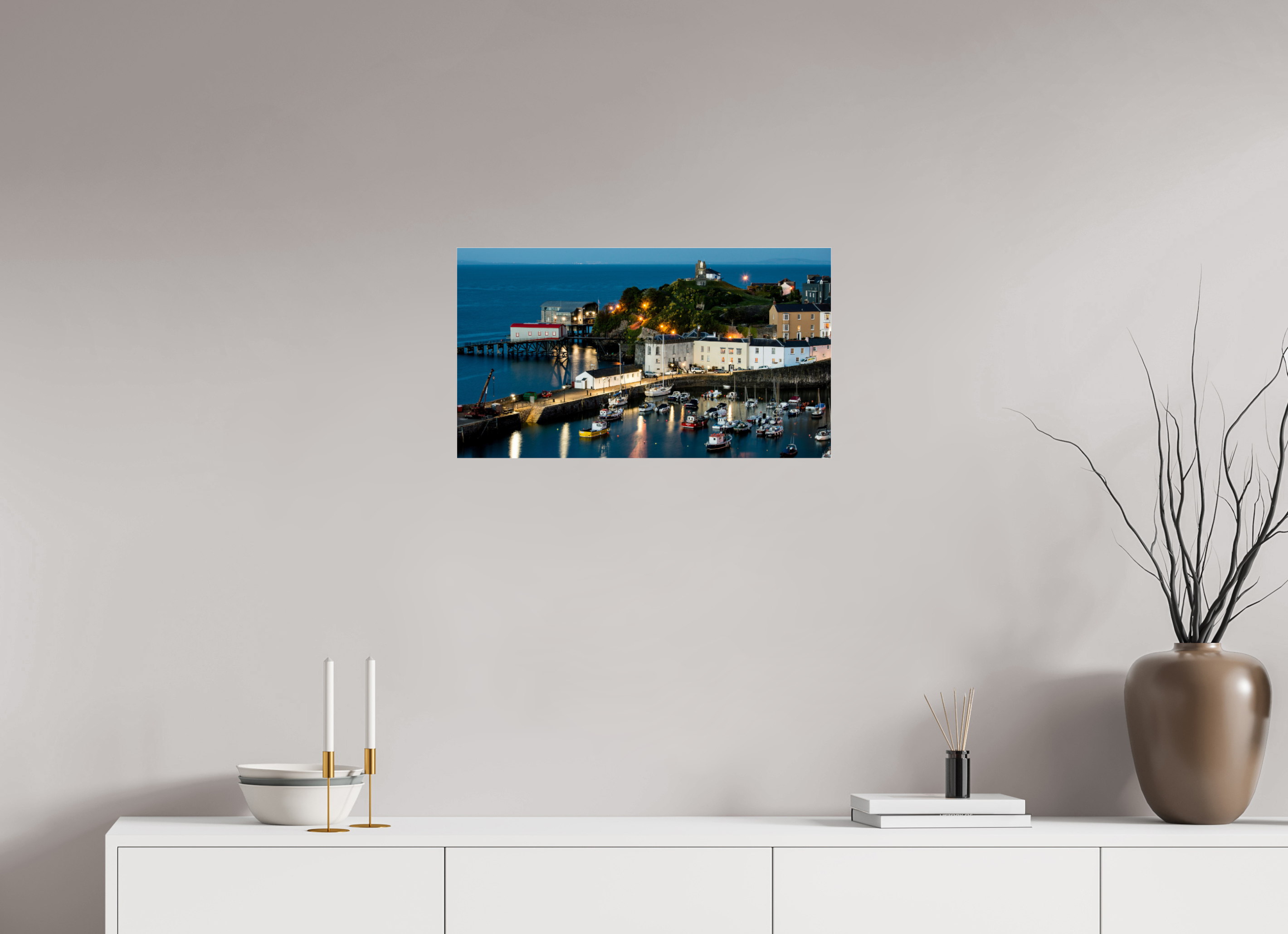 64 x 36 cm, Photo Print Under Acrylic Glass Tenby Harbour at Night