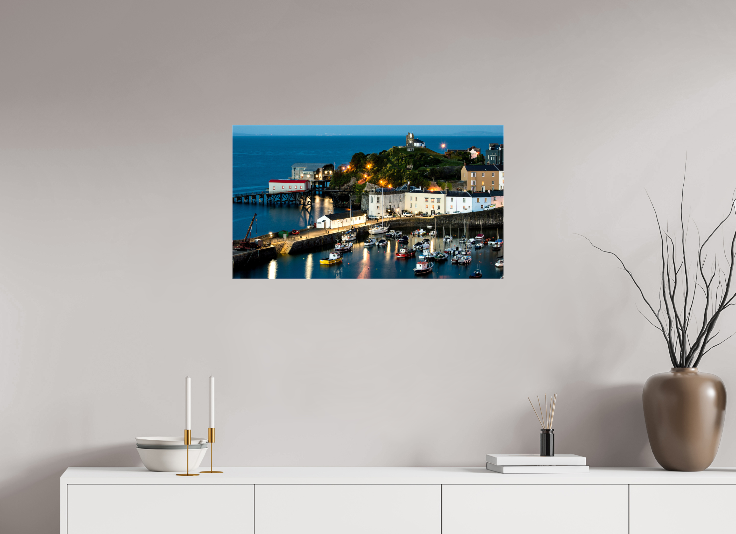 80 x 45 cm, Glossy Canvas On Stretcher Frame Tenby Harbour at Night Print for Sale