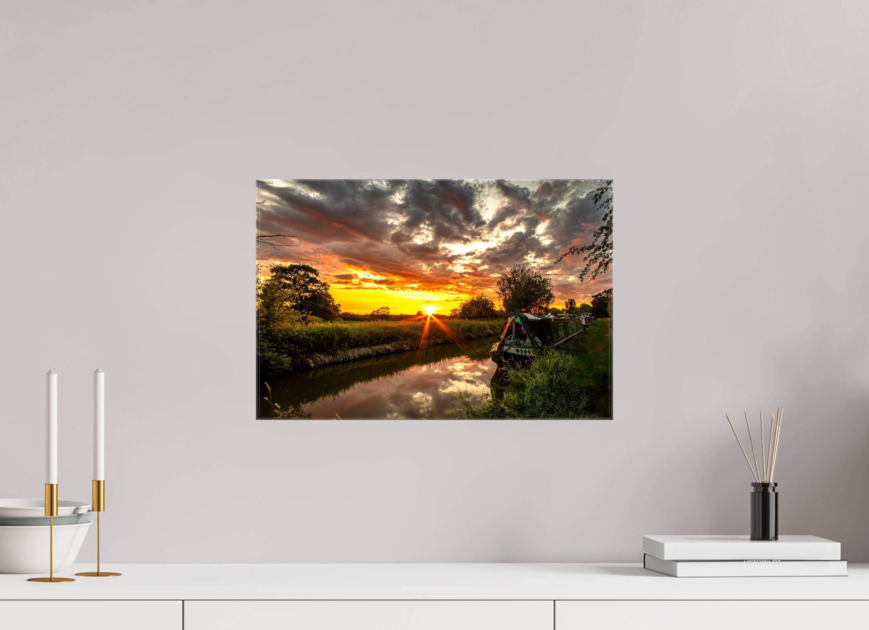 45 x 30 cm, Glossy Canvas On Stretcher Frame Sunset on the Llangollen Canal