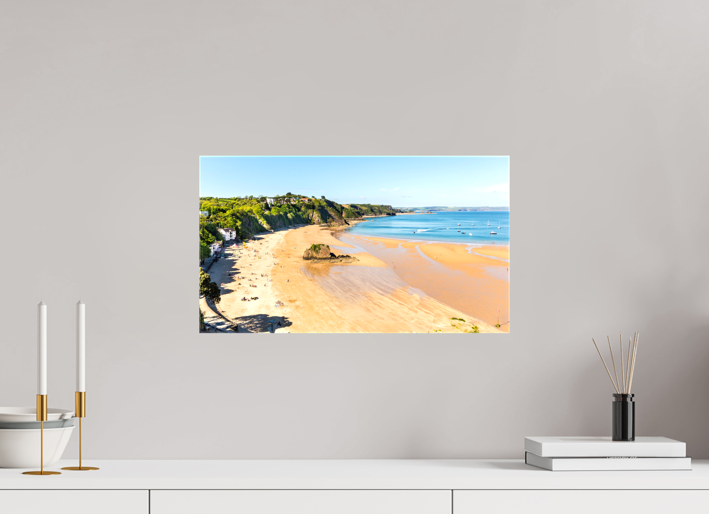 48 x 27 cm, Glossy Canvas On Stretcher Frame Tenby Beach