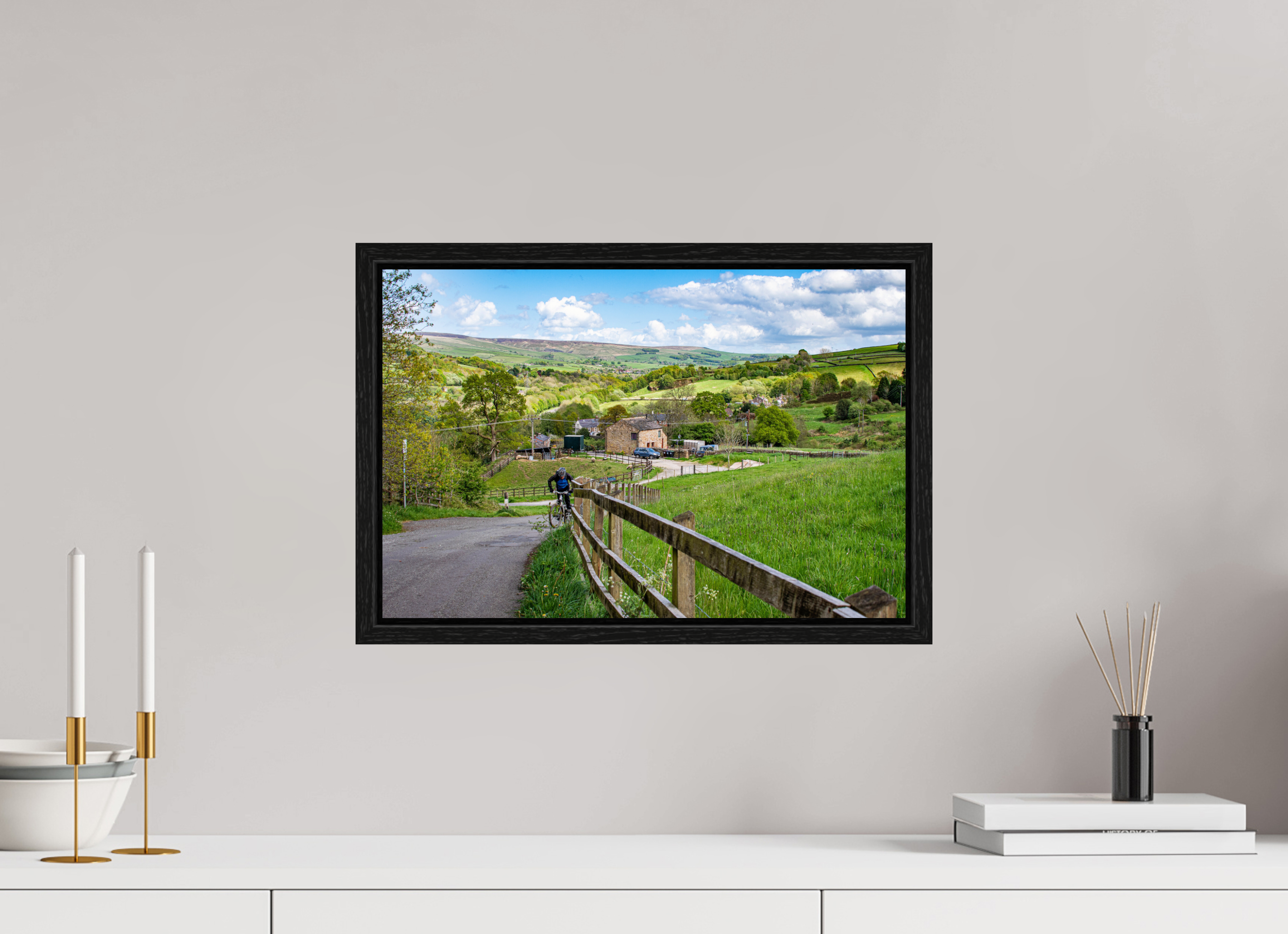 45 x 30 cm, Floater Frame Cycling Uphill towards Bugsworth Basin