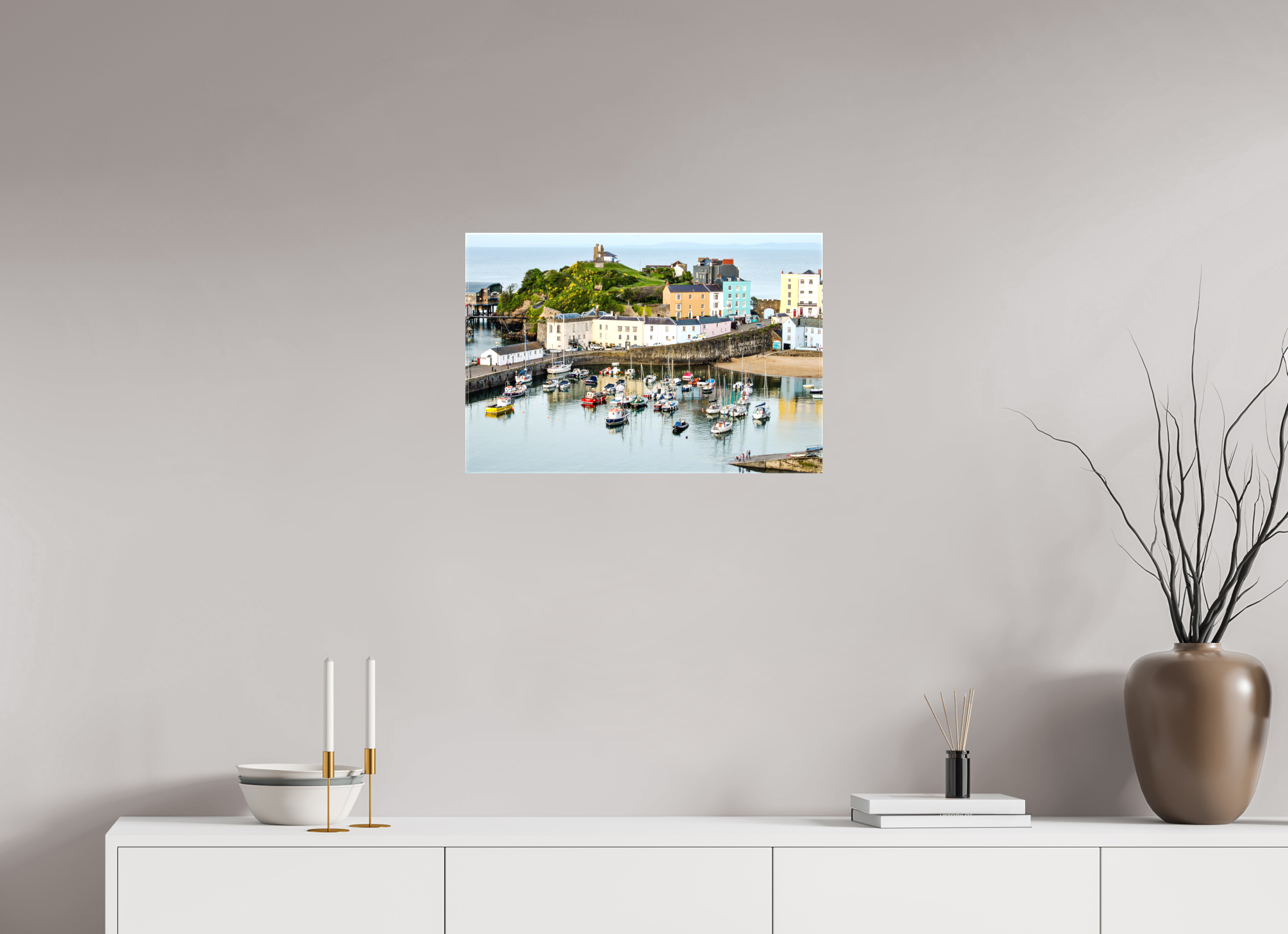 60 x 40 cm, Glossy Canvas On Stretcher Frame Tenby Harbour