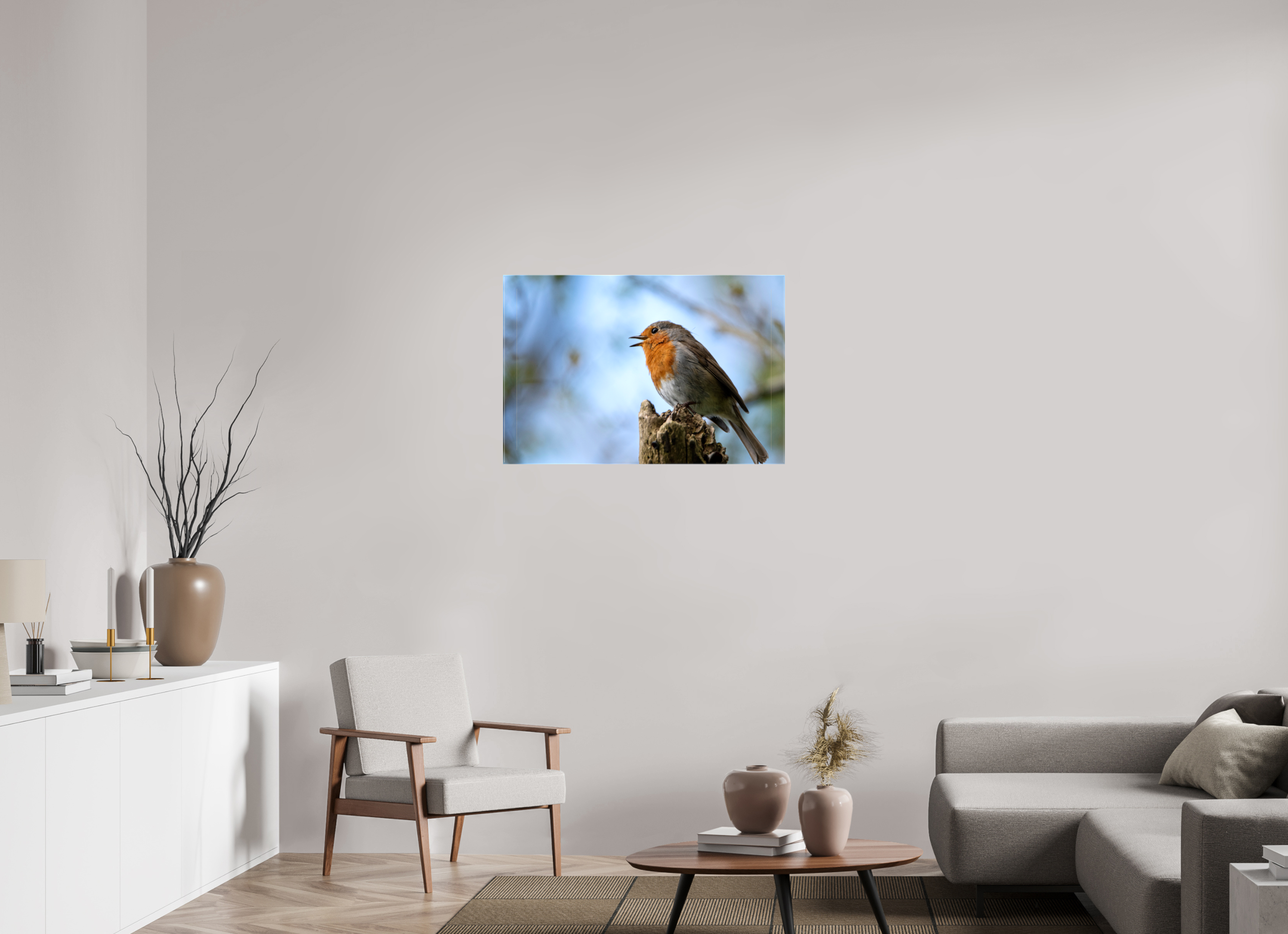 90 x 60 cm, Glossy Canvas On Stretcher Frame Singing Robin