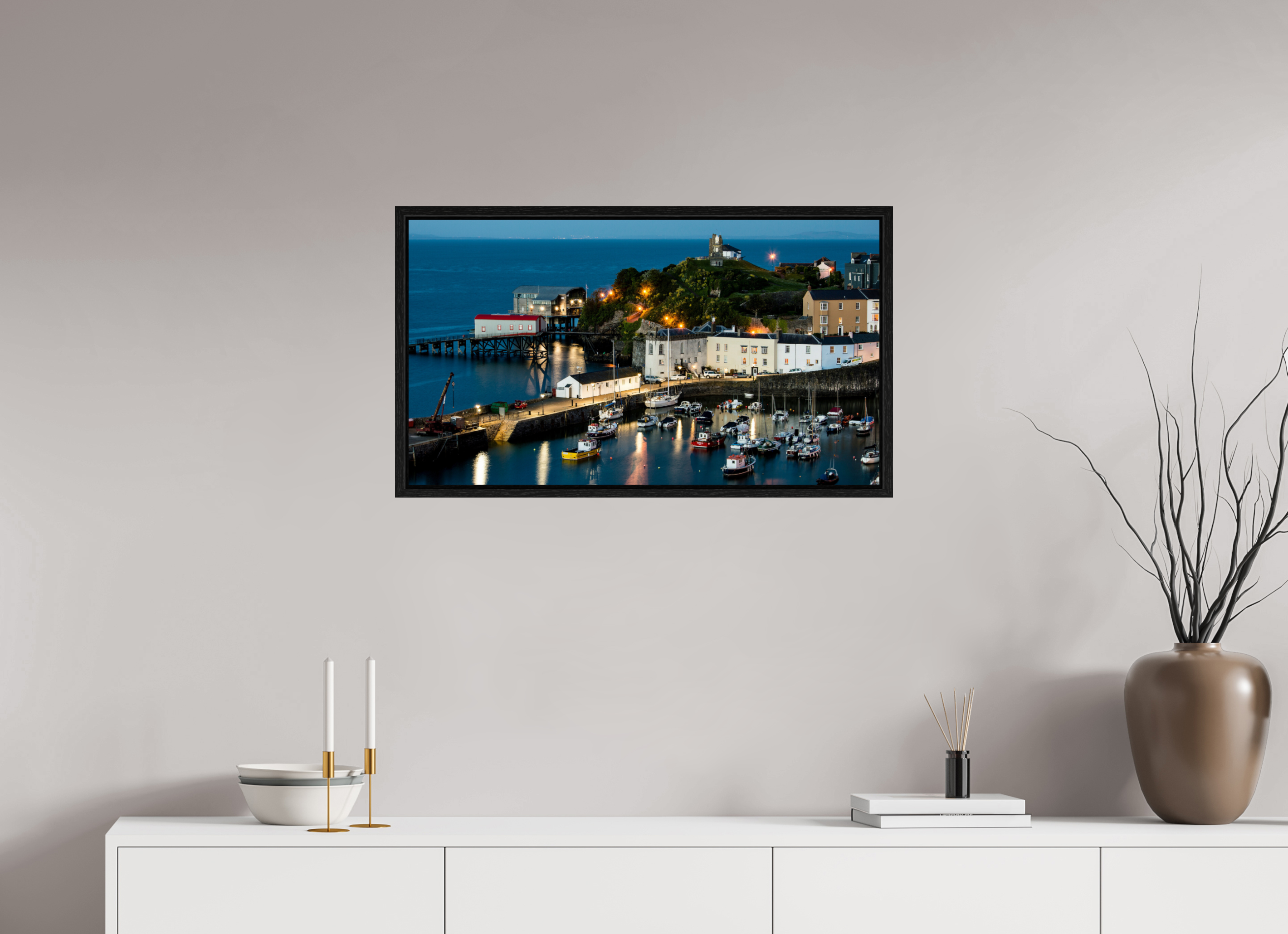 80 x 45 cm, Floater Frame Tenby Harbour at Night