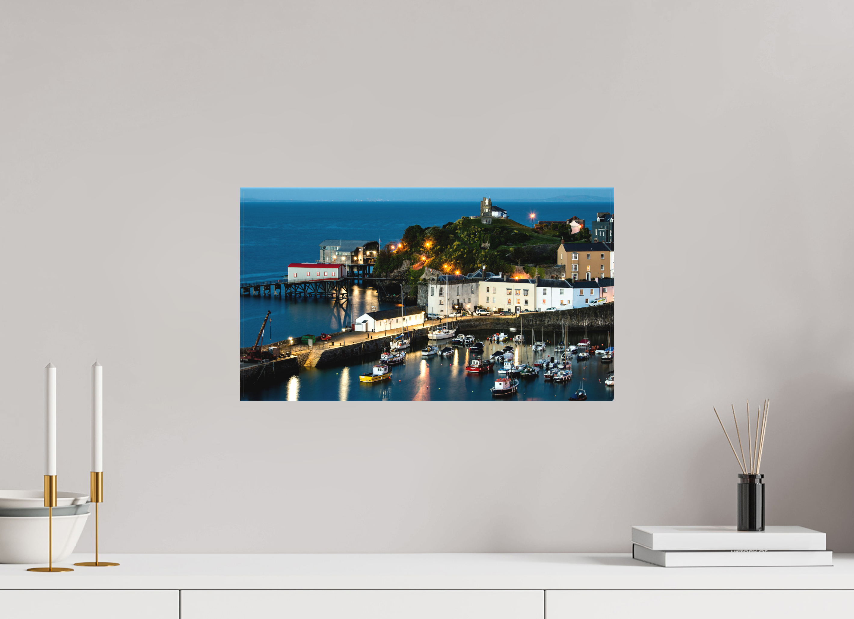 48 x 27 cm, Matte Canvas on Stretcher Frame Tenby Harbour at Night