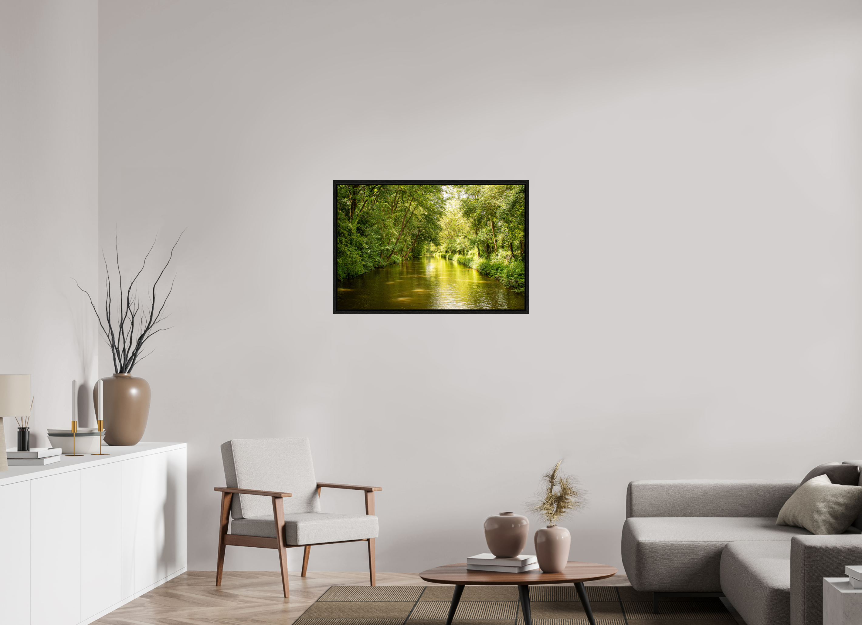 90 x 60 cm, Floater Frame Treelined Canal