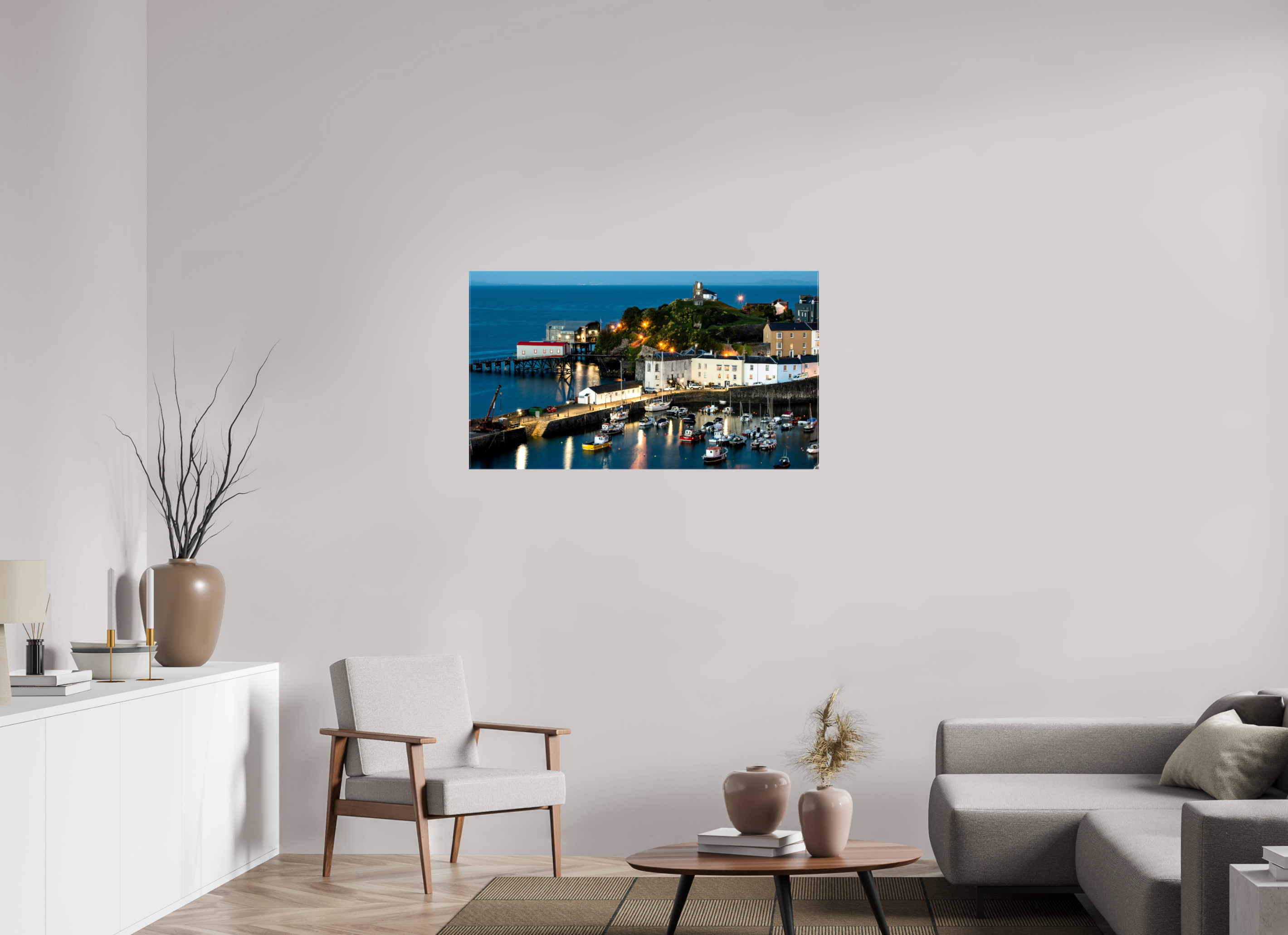 112 x 63 cm, Glossy Canvas On Stretcher Frame Tenby Harbour at Night Print for Sale
