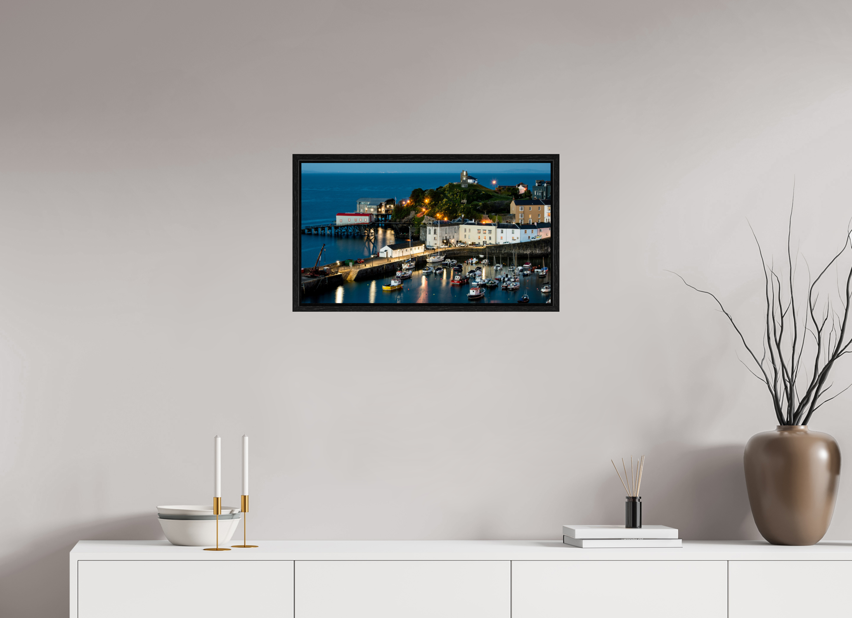 64 x 36 cm, Floater Frame Tenby Harbour at Night
