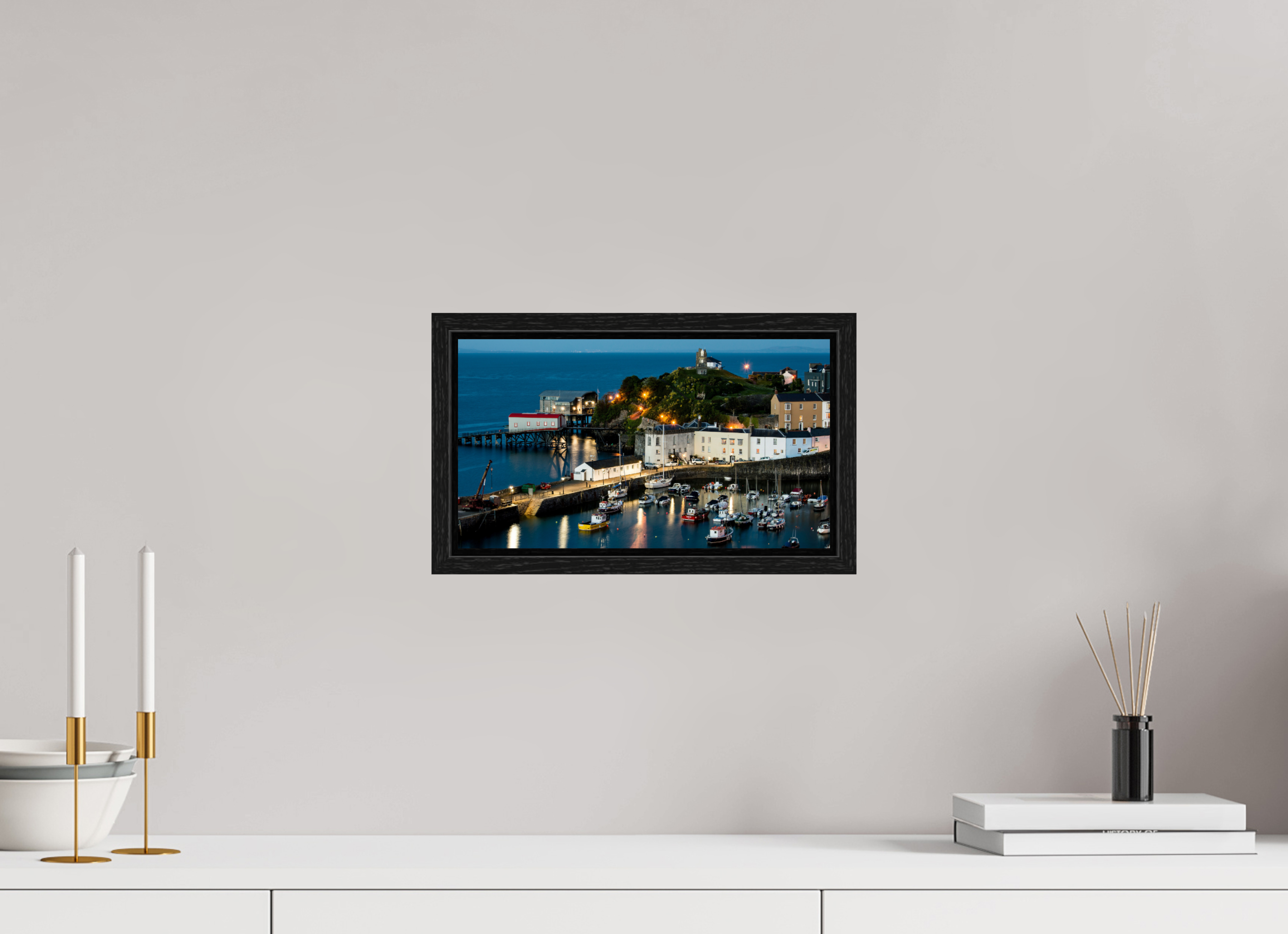 32 x 18 cm, Floater Frame Tenby Harbour at Night