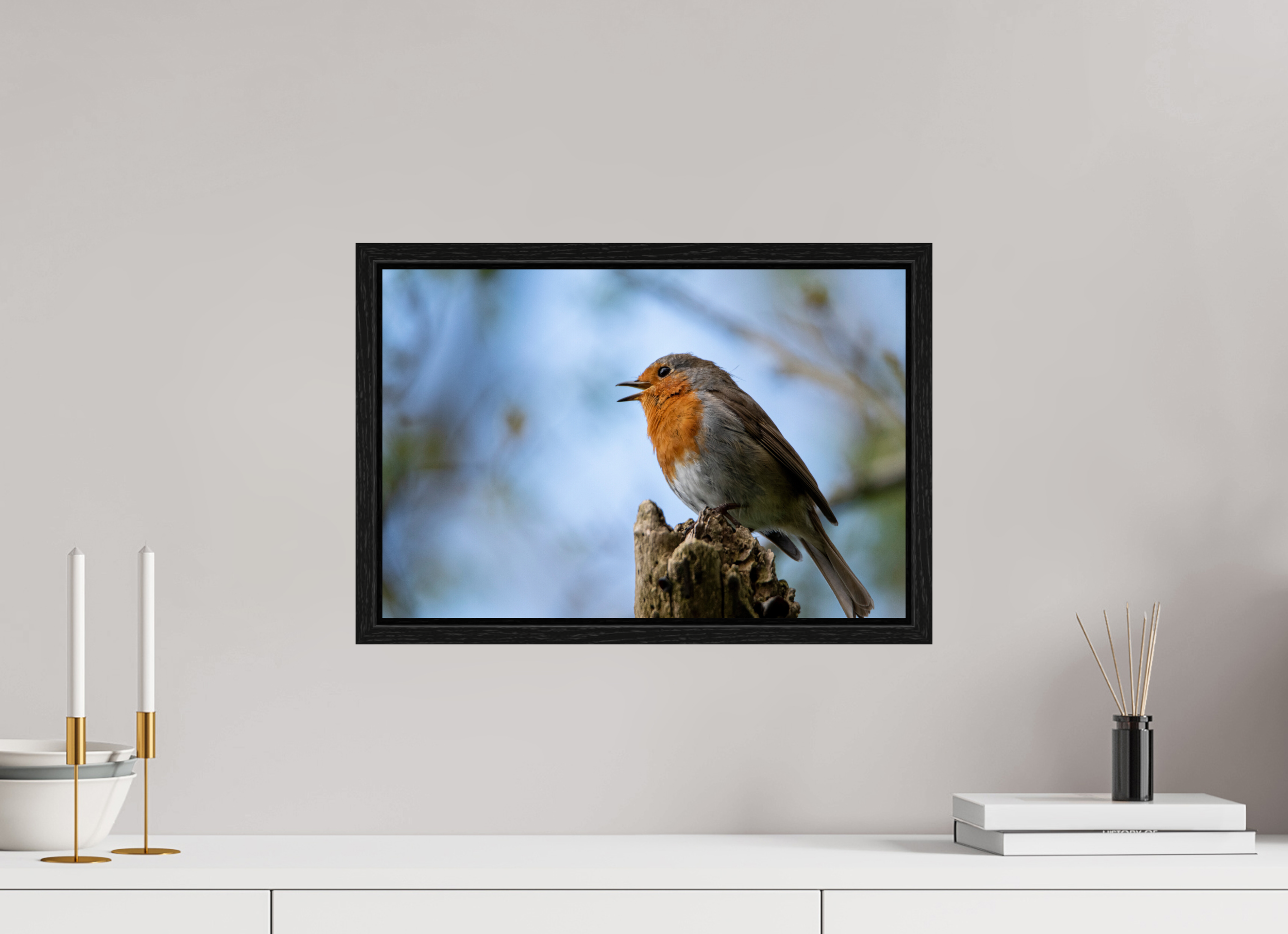 45 x 30 cm, Floater Frame Singing Robin