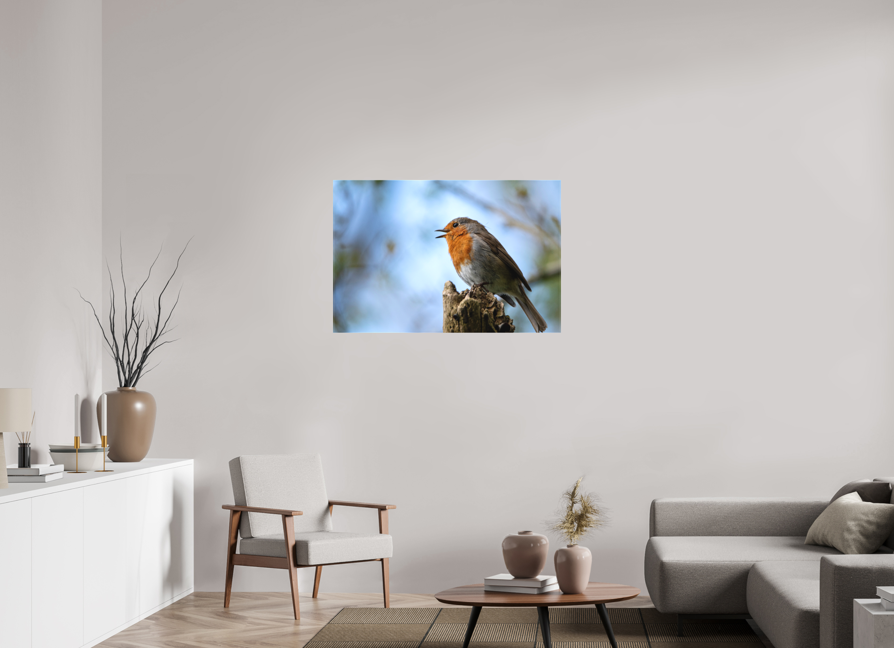 105 x 70 cm, Matte Canvas on Stretcher Frame Singing Robin