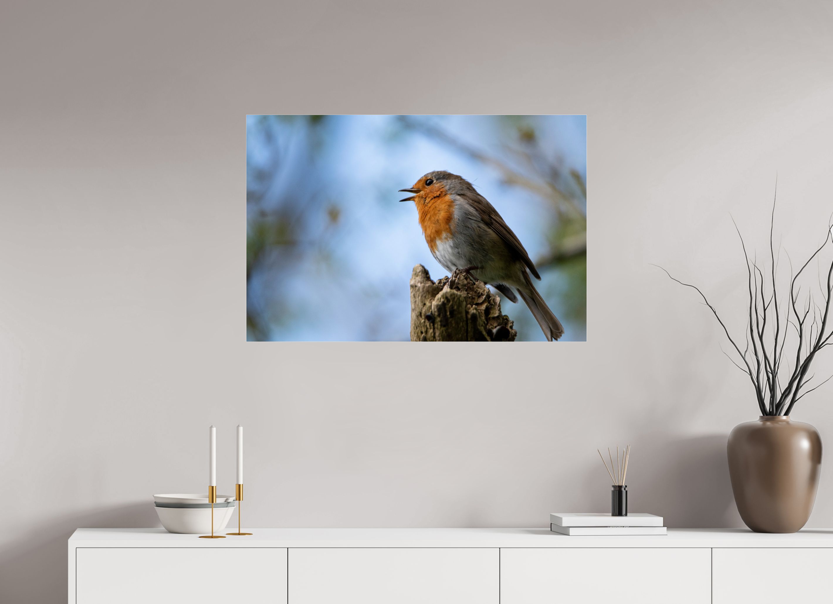 90 x 60 cm, Photo Print Under Acrylic Glass Singing Robin