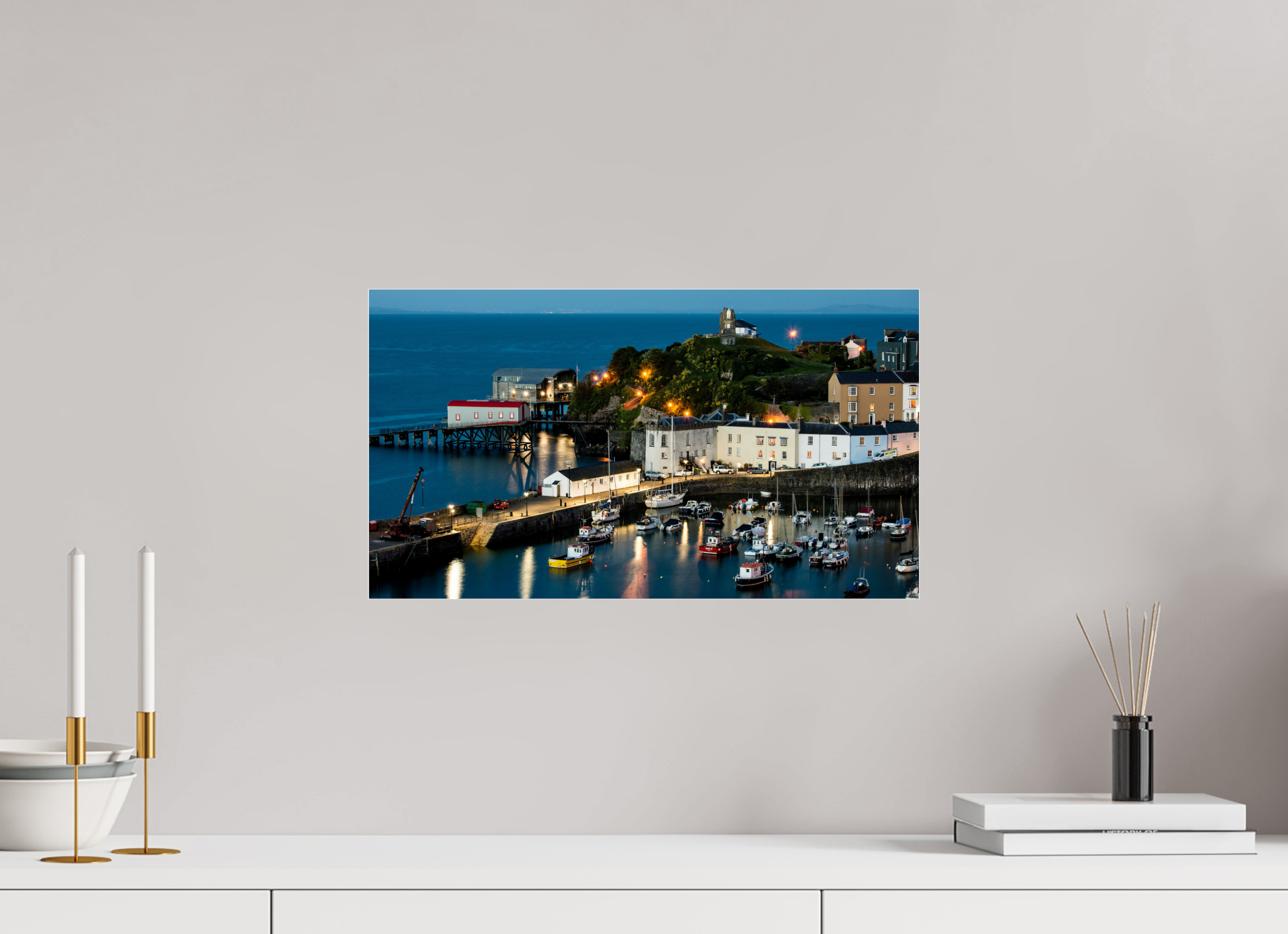 48 x 27 cm, Photo Print Under Acrylic Glass Tenby Harbour at Night