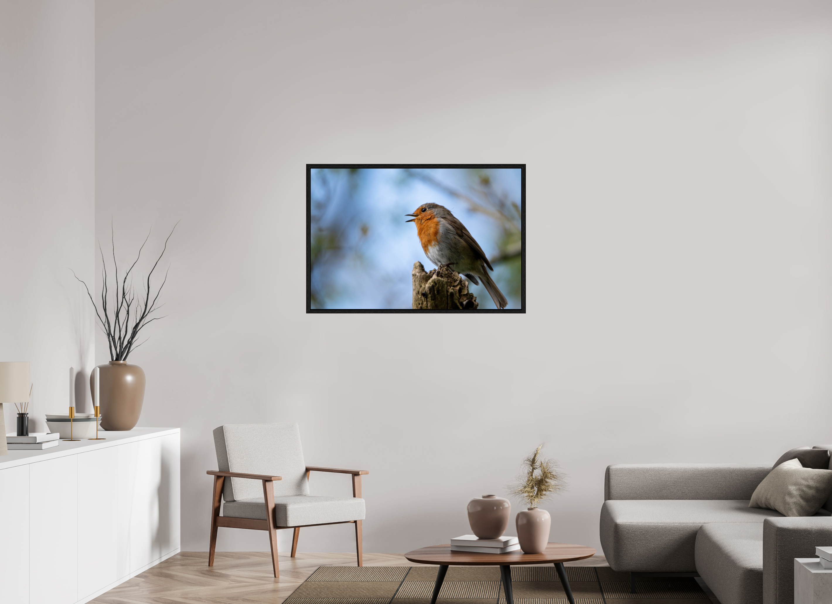 105 x 70 cm, Floater Frame Singing Robin